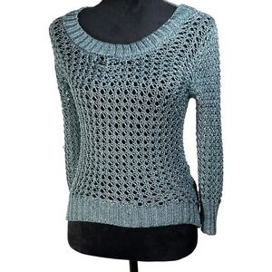 Rue21 Metallic Blue Open Knit Sweater Scoop Neck‎ Shimmer Top mermaidcore Y2K